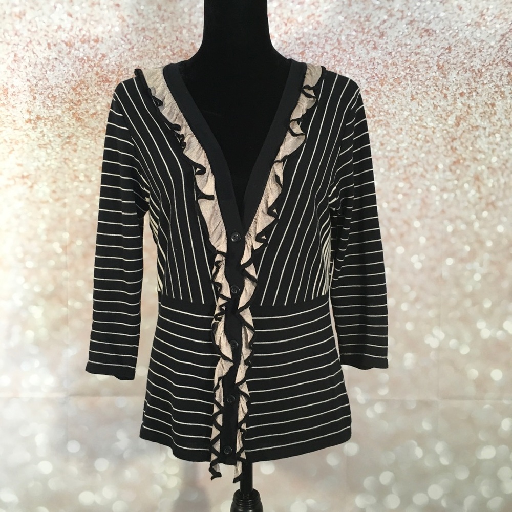 CaBi The Flirt Ruffled Stripe Cardigan Sweater